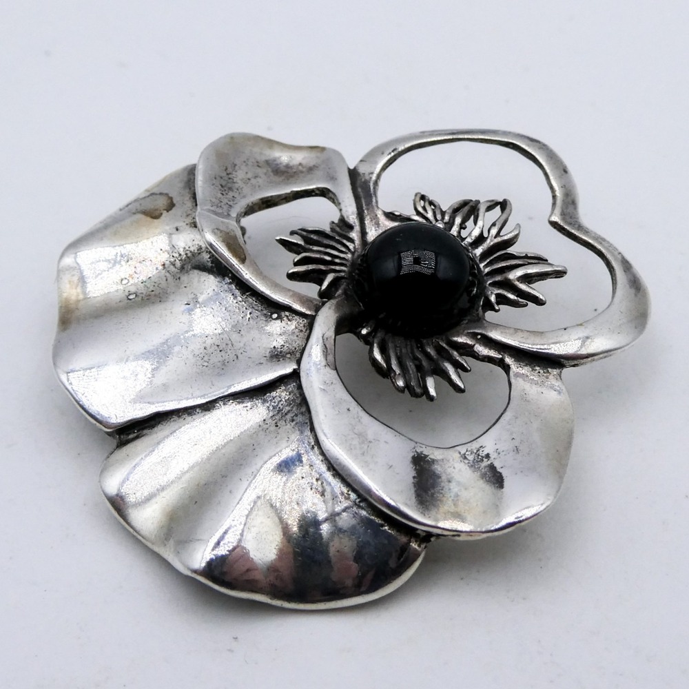 Vintage Sterling Silver 925 Blooming Iris Flower Onyx 1.3" Brooch Pin